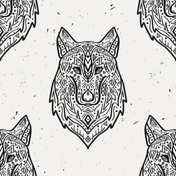 Vector grunge monochrome seamless pattern with tribal style wolf with ethnic ornaments. American indian motifs. Boho design. — Stok Vektör