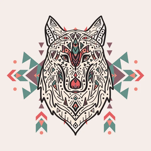 Vector colorful illustration of tribal style wolf with ethnic ornaments. American indian motifs. Totem tattoo. Boho design. — Stockový vektor