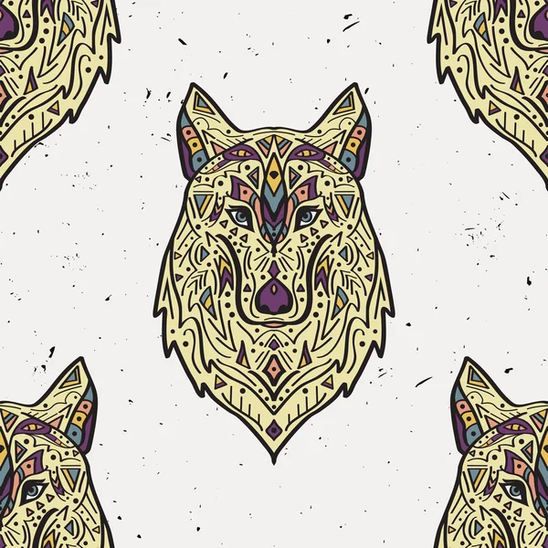 Vector grunge colorful seamless pattern with tribal style wolf with ethnic ornaments. American indian motifs. Boho design. — стоковий вектор