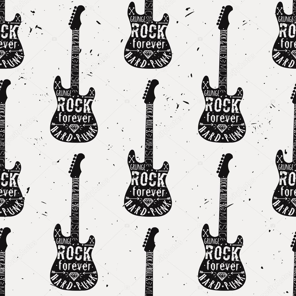 Vector vintage seamless pattern with guitar, diamond, bones, arrows, stars and typography elements. Grunge rock and roll style.