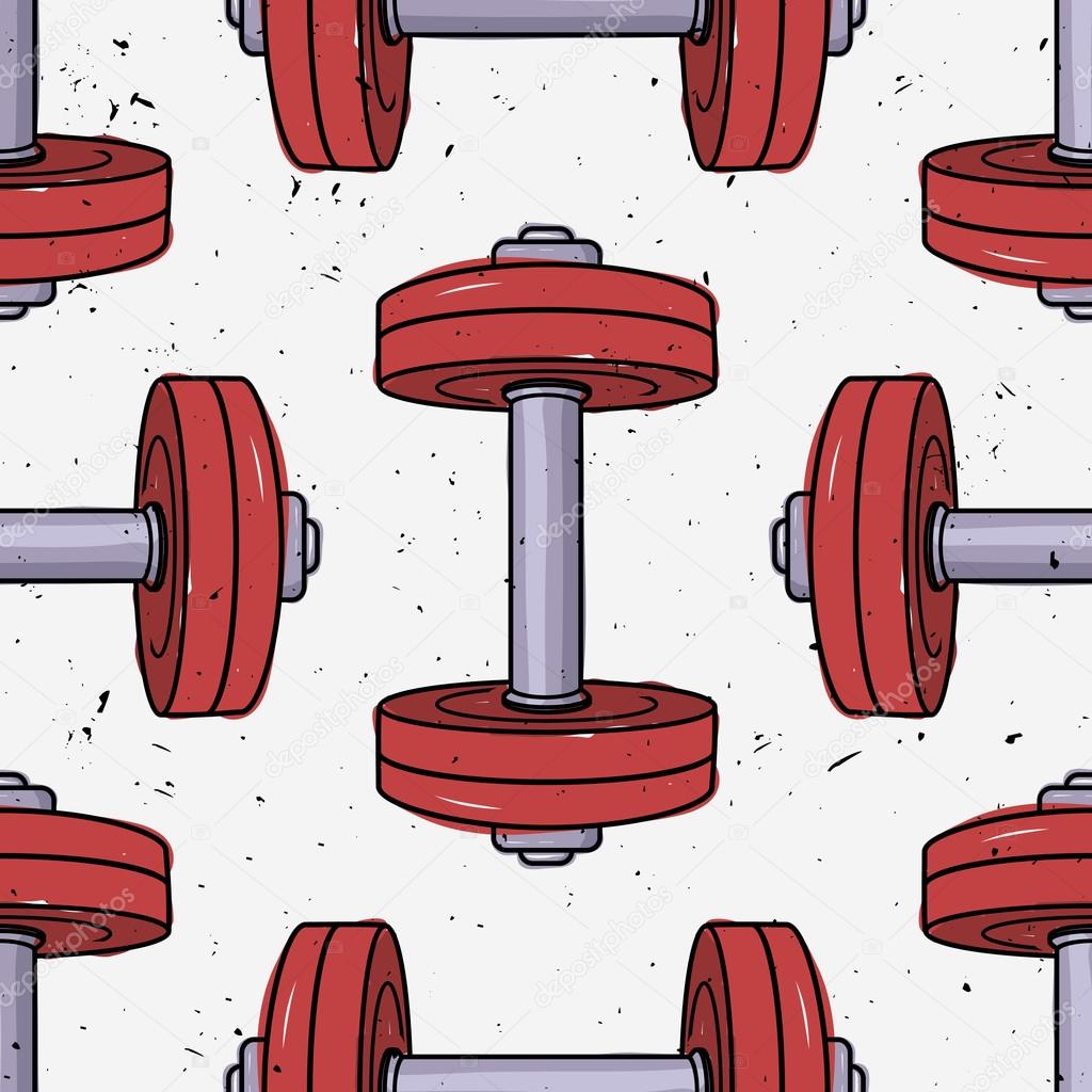Vector colorful grunge seamless pattern with dumbbells. Fitness background.