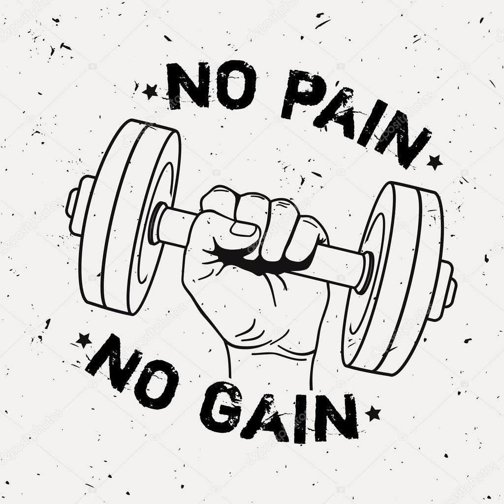 Vector grunge illustration of hand with dumbbell and motivational phrase 