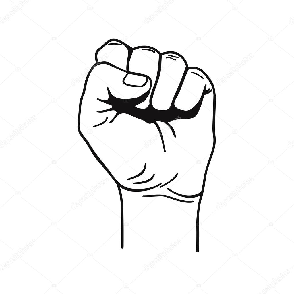 Vector black and white illustration of clenched fist held high in protest