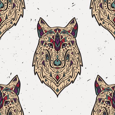 Vector grunge colorful seamless pattern with tribal style wolf with ethnic ornaments. American indian motifs. Boho design.