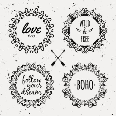 Vector set with ornamental tribal floral frames. Ethnic collection with decorative round elements in boho style.