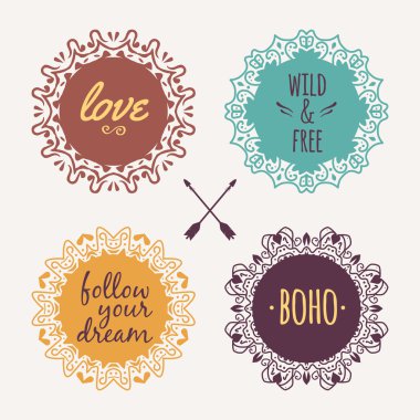 Vector set with ornamental tribal floral frames. Ethnic collection with decorative round elements in boho style.