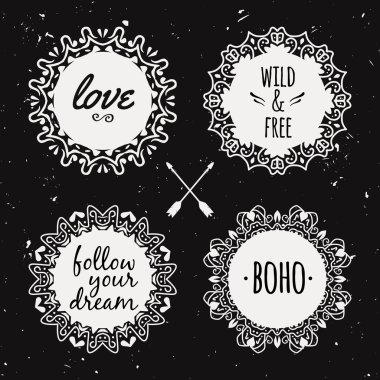 Vector set with ornamental tribal floral frames. Ethnic collection with decorative round elements in boho style.