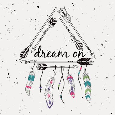 Etnik oklar ve tüyler ile kabile çerçeve ile Vektör illüstrasyon. Amerikan Hint motifleri. Boho tarzı. 