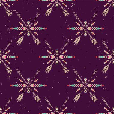 Vector grunge seamless pattern with crossed ethnic arrows and tribal ornament. Boho and hippie style. American indian motifs.