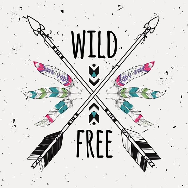 Vector grunge illustration with crossed ethnic arrows, feathers and tribal ornament. Boho and hippie style. American indian motifs. Wild and Free poster. — Stockový vektor