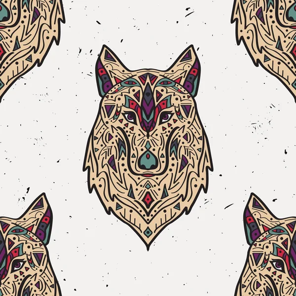 Vector grunge colorful seamless pattern with tribal style wolf with ethnic ornaments. American indian motifs. Boho design. — 图库矢量图片