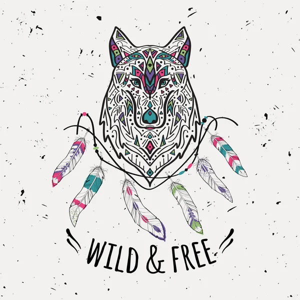 Vector colorful illustration of tribal style wolf with ethnic ornaments, feathers, threads. American indian motifs. Boho design. Wild and Free concept. — Stockvector