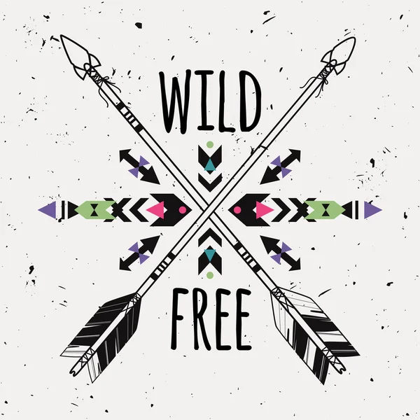 Vector grunge illustration with crossed ethnic arrows and tribal ornament. Boho and hippie style. American indian motifs. Wild and Free poster. — Stockvector