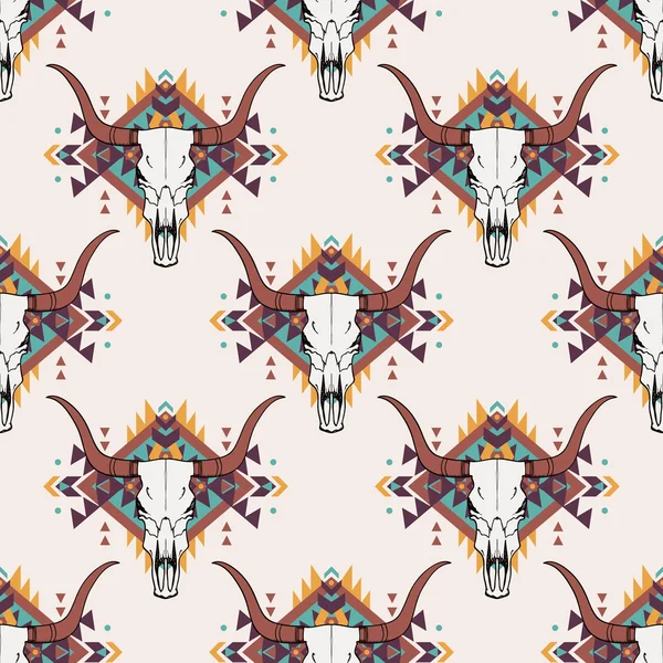 Vector tribal seamless pattern with bull skull and decorative ethnic ornament. Boho style. American indian motifs. — Stock vektor