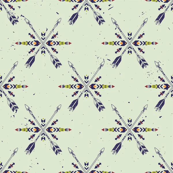 Vector grunge seamless pattern with crossed ethnic arrows and tribal ornament. Boho and hippie style. American indian motifs. — Stok Vektör