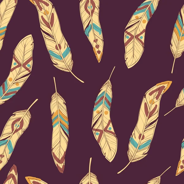 Vector patrón étnico inconsútil colorido con plumas decorativas — Vector de stock
