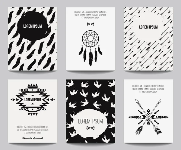 Vector set of modern posters with tribal elements: ethnic ornaments, arrows, dream catcher, feathers. Trendy boho style for banners, invitations, business design. Templates with american indian motifs — 스톡 벡터