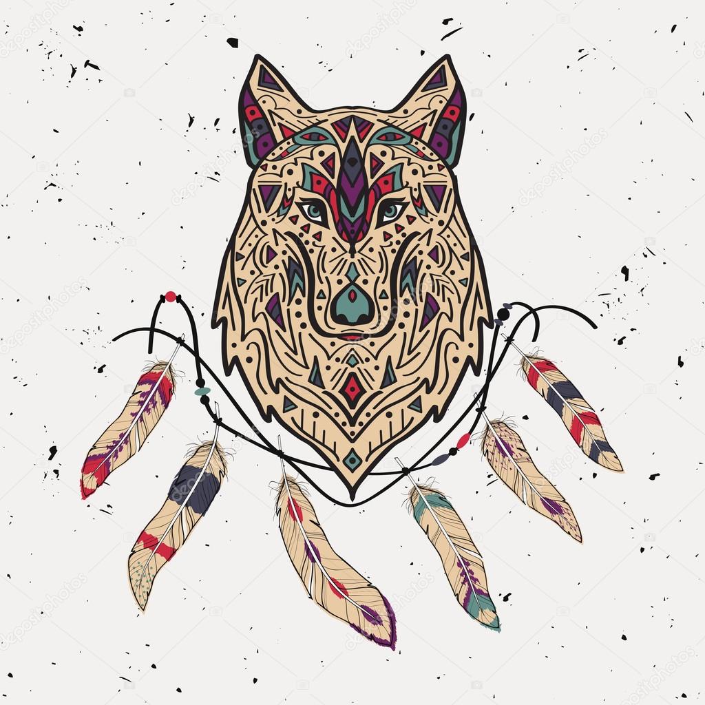Vector colorful illustration of tribal style wolf with ethnic ornaments, feathers, threads. American indian motifs. Boho design.