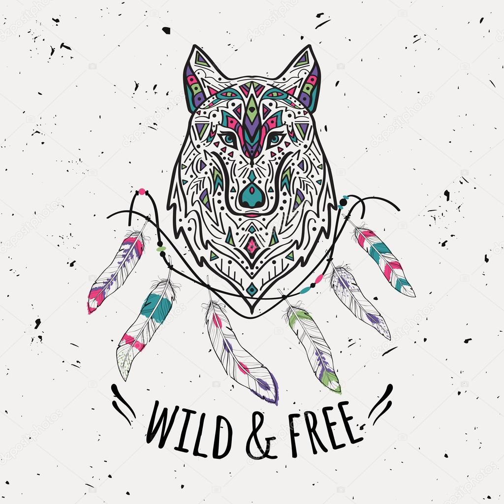 Vector colorful illustration of tribal style wolf with ethnic ornaments, feathers, threads. American indian motifs. Boho design. Wild and Free concept.