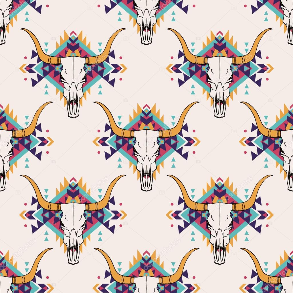 Vector tribal seamless pattern with bull skull and decorative ethnic ornament. Boho style. American indian motifs.