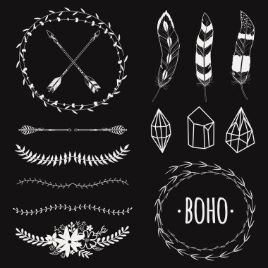 Vector ethnic black and white set with arrows, feathers, crystals, floral frames, borders. Modern romantic boho style. Templates for invitations, scrapbooking. Hippie design elements.