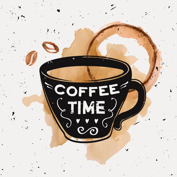 Vektorová grunge ilustrace kávového šálku s typografickým textem "čas kávy" s kávovými fazolemi a posypkami z rozlité kávy. Styl moderního hipstera. — Stockový vektor
