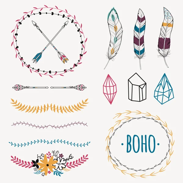 Vector colorful ethnic set with arrows, feathers, crystals, floral frames, borders. Modern romantic boho style. Templates for invitations, scrapbooking. Hippie design elements. — Stock Vector