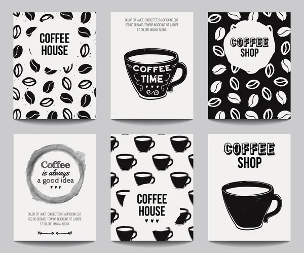Kahve arka planlı modern posterler vektör monokrom seti. El ilanları, afişler, davetiyeler, restoran veya kafe menü tasarımı için trendy hipster şablonları.