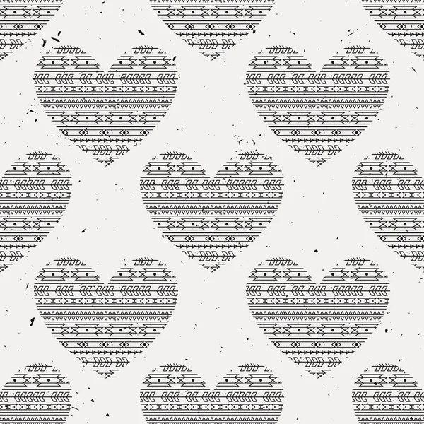 Vector monochrome seamless pattern with ethnic hearts. Can be used for Valentine's Day, anniversary or wedding. Modern boho style. Tribal design. — Stockvector