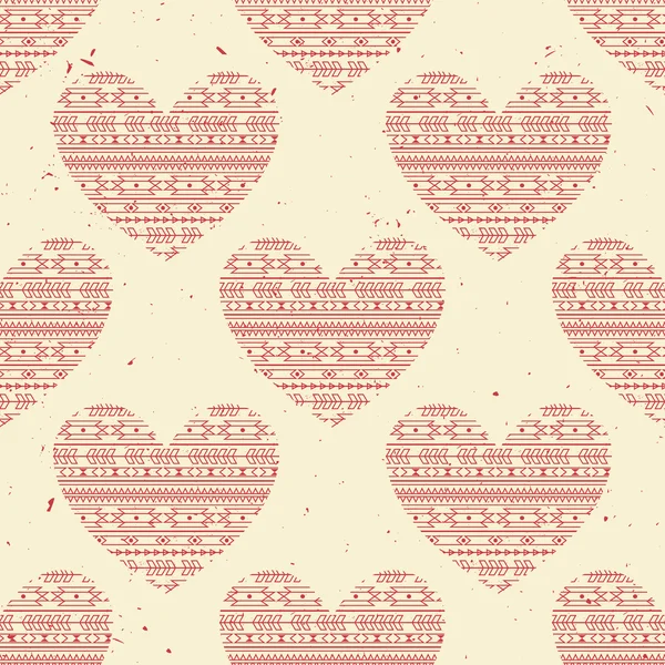 Vector seamless pattern with red ethnic hearts. Can be used for Valentine's Day, anniversary or wedding. Modern boho style. Tribal design. — Stock Vector