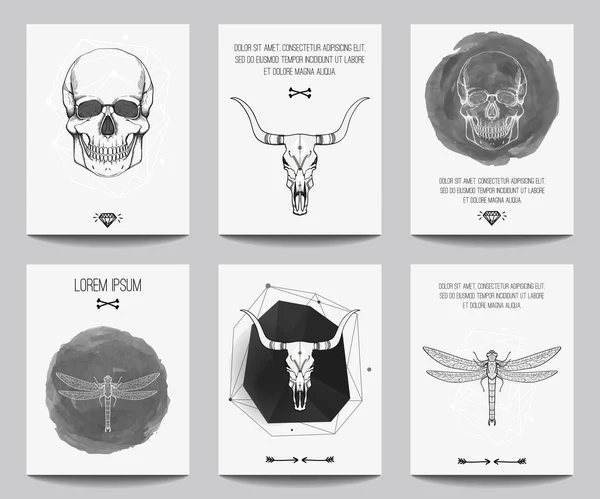 Vector set of modern gothic posters with human skulls, bull skulls, dragonflies, geometrical shapes. Trendy hipster style for flyers, banners, brochures, invitations, business contemporary design. — Stock vektor