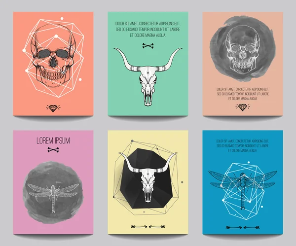 Vector set of modern posters with human skulls, bull skulls, dragonflies, geometrical shapes. Trendy hipster style for flyers, banners, brochures, invitations, business contemporary design. — 图库矢量图片