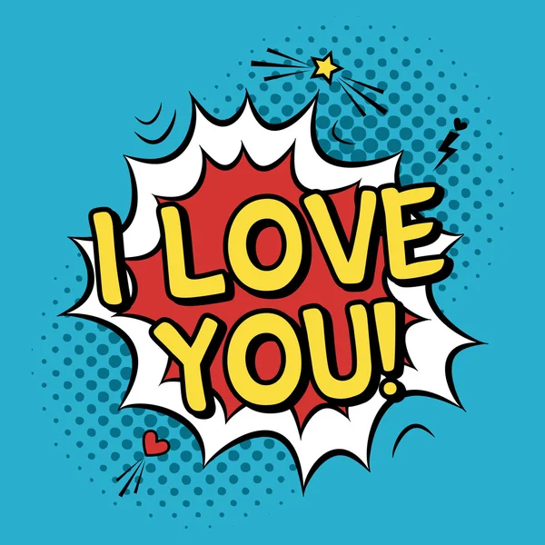 Kleurrijke romantische vectorillustratie met citaat "I love you". Aftelkalender voor Valentijnsdag-wenskaart in moderne komische stijl met halftone achtergrond, bubble splash, ster en hart. — Stockvector