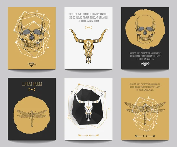 Vector set of gothic posters with human skulls, bull skulls, dragonflies, geometrical shapes. Trendy hipster style for flyers, banners, brochures, invitations, business contemporary design. Modern gold, black and white colors. — Stock Vector