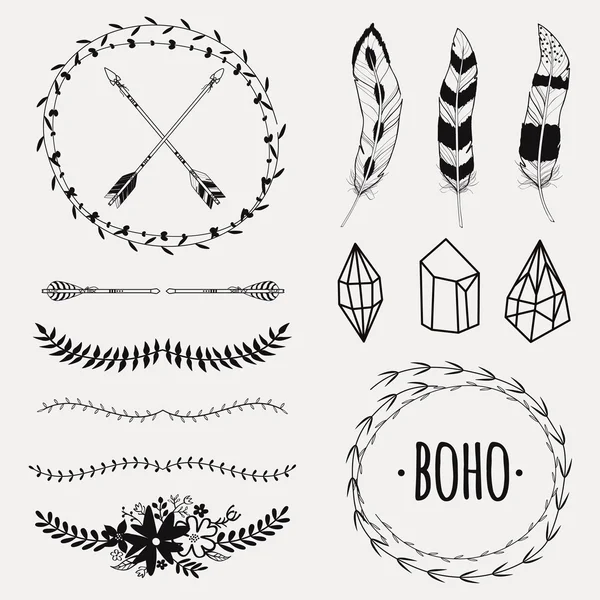 Vector monochrome ethnic set with arrows, feathers, crystals, floral frames, borders. Modern romantic boho style. Templates for invitations, scrapbooking. Hippie design elements. 图库插图