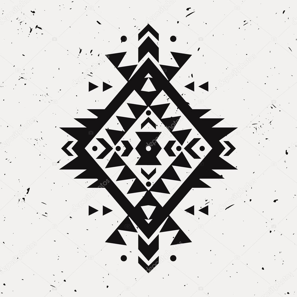 Vector grunge monochrome decorative ethnic pattern. American indian motifs. Background with black aztec tribal ornament. Boho style.