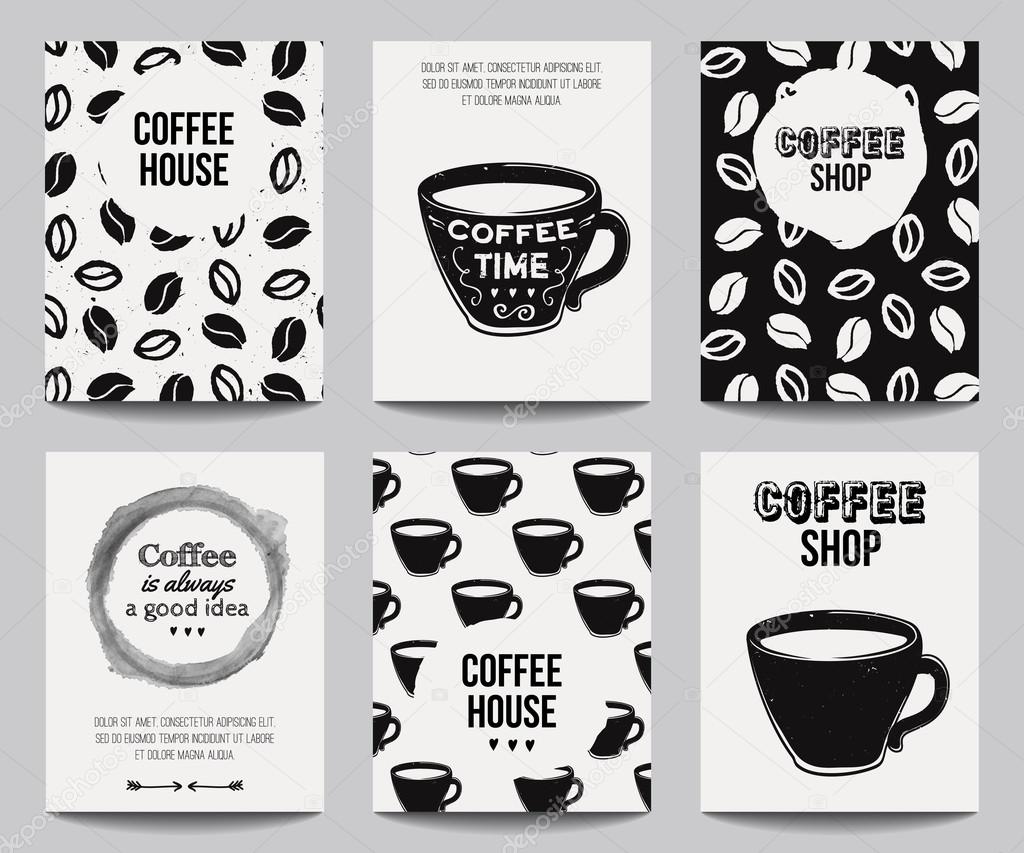 Vector monochrome set of modern posters with coffee backgrounds. Trendy hipster templates for flyers, banners, invitations, restaurant or cafe menu design.