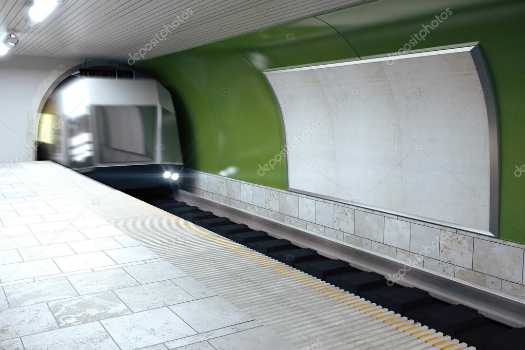 Blank billboard on green subway wall and mooving train, mock up