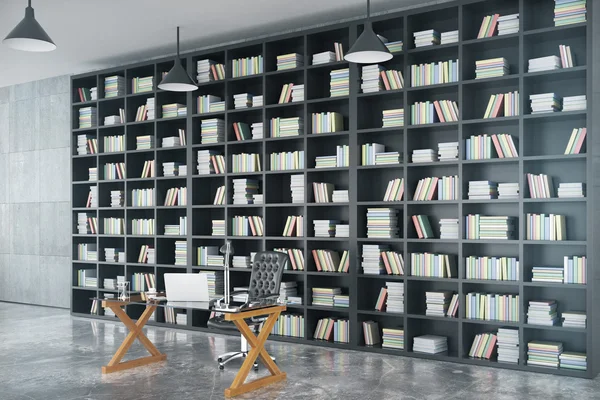 Loft private office with big bookcase — Stock Photo, Image