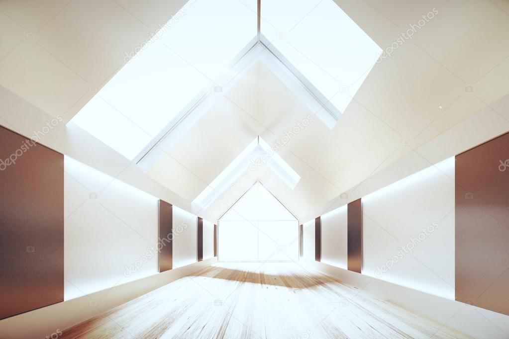 holz boden und decke modern interieur, moderne innenraum mit dreieck-decke und holzboden, 3d — stockfoto, Design ideen