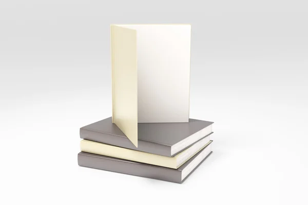 Livre ouvert avec page blanche vierge sur pile de livres, maquette, 3D — Photo