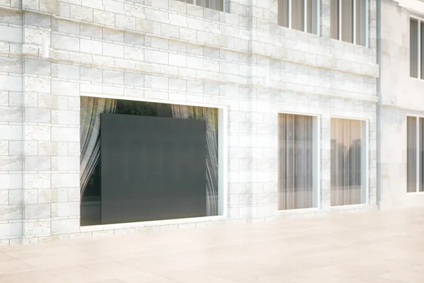 Blank black board in the window of building, make up, 3D Render — стоковое фото