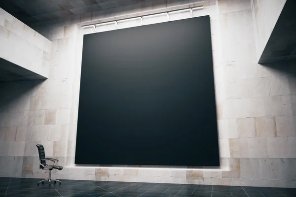 Side view of a blank blackboard in concrete interior with swivel-chair. — Stock Photo, Image