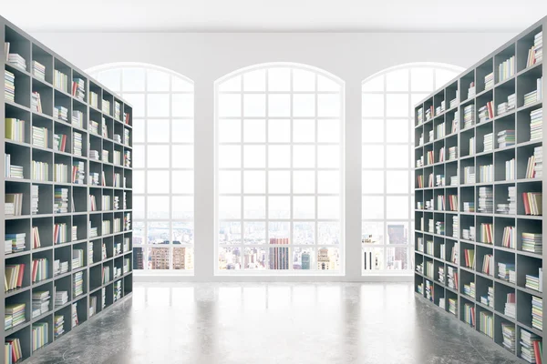Könyvtár belsőépítészeti hatalmas könyvespolcok — Stock Fotó