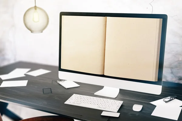 Computador com livro em branco — Fotografia de Stock