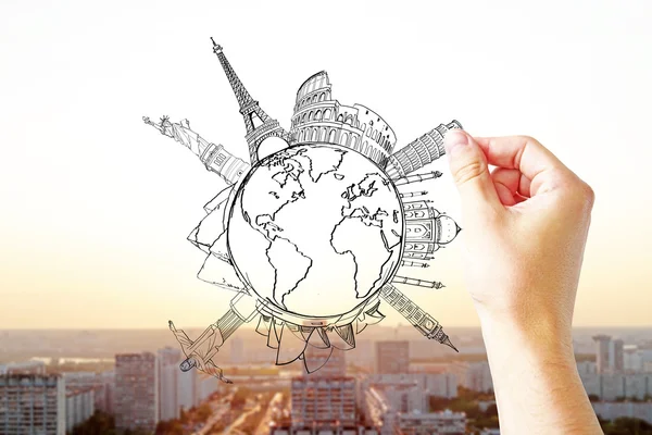 Reizende concept met hand tekenen globe — Stockfoto