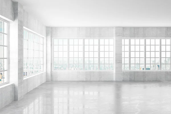 Interior de concreto leve vazio com janelas e vista para a cidade, 3D Ren — Fotografia de Stock