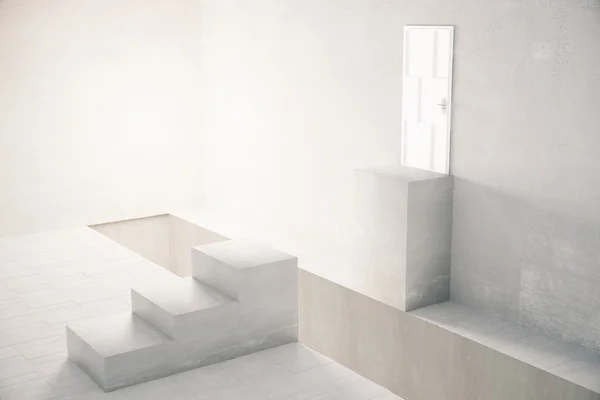 Interior con hueco en medio de escaleras que conducen a la puerta blanca. Renderizado 3D — Foto de Stock