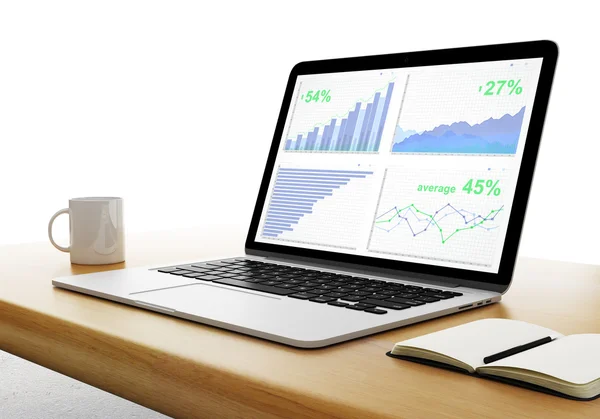 Laptop em uma mesa de madeira com estatísticas financeiras, 3D Rendering — Fotografia de Stock
