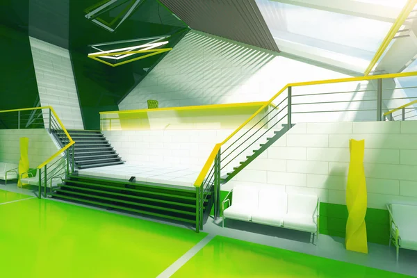 Sideview fütüristik yeşil iç tasarım merdiven. 3D render — Stok fotoğraf